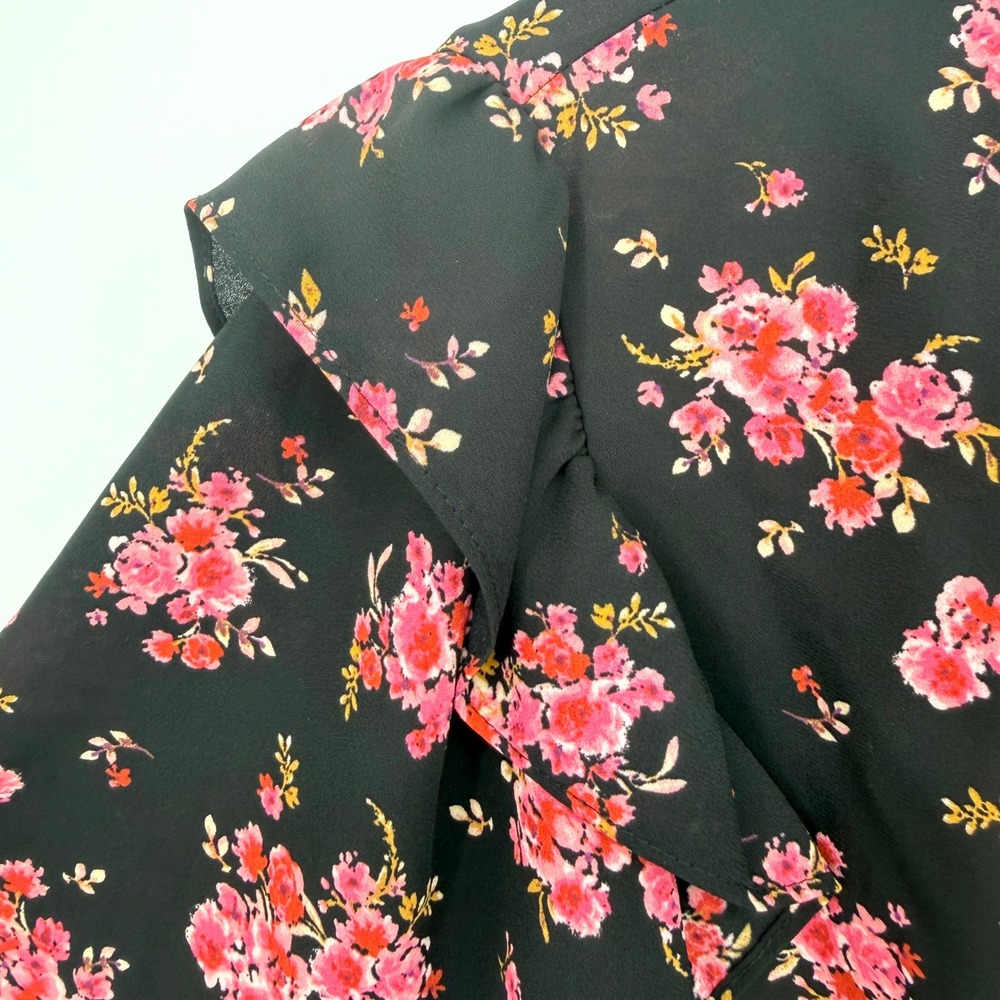 CeCe Blouse Women Small Black Floral Ruffle Flutter Sleeve Cottagecore Feminine - Picture 4 of 10